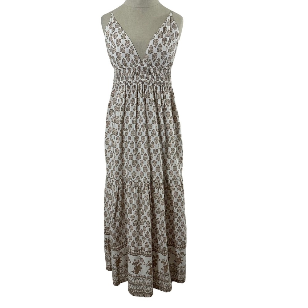 Sim & Sam Linen Blend Maxi Dress Oat Print‎ Boho Smocked V-Neck Medium NWT 51253